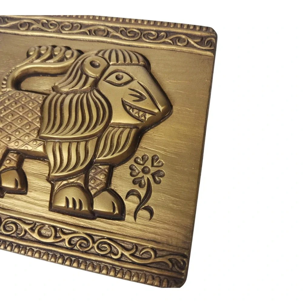 Vintage Gold Lion Wall Plaque Mesopotamian Persian Style Relief Square 7.5in